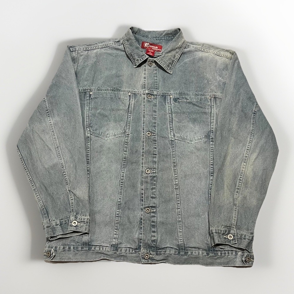 Clench Mens Faded Blue Y2K Classic Button Front Denim Jacket Grunge Size 2XL